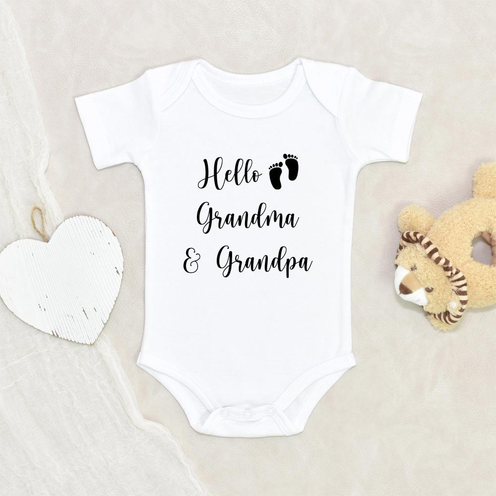 Birth Reveal To Grandparents Onesie - Pregnancy Announcement Onesie - Hello Grandma And Grandpa Onesie - Cute Baby Footprints Onesie - Grandparent Baby Clothes NW0112 0-3 Months Official ONESIE Merch