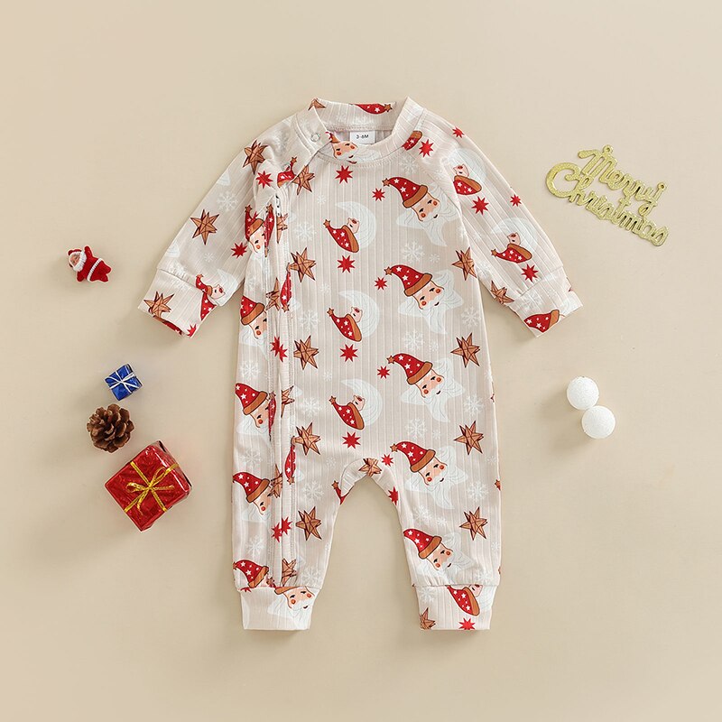 0 18months Baby Girls Xmas Romper Cartoon Patterns Print Long Sleeve Christmas Jumpsuit With Zipper For - Christmas Onesie