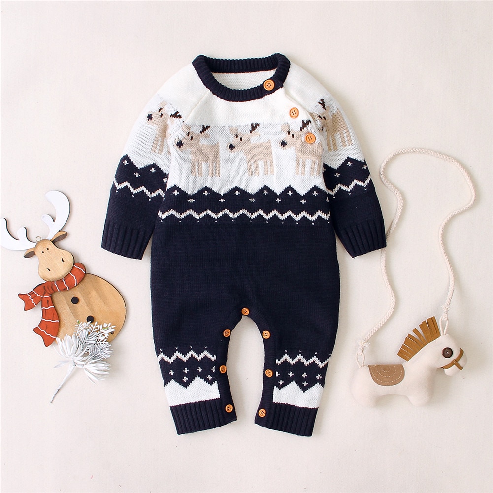 2020 Baby Boys Girls Sweater Christmas Clothes Romper Reindeer Long Sleeve Elk Printed Jumpsuit New Year 3 1 - Christmas Onesie Merch