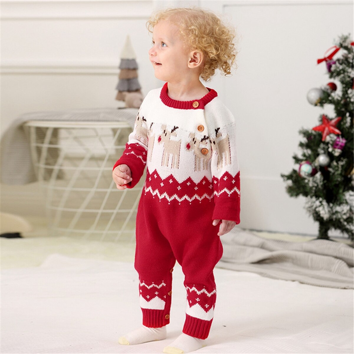 2020 Baby Boys Girls Sweater Christmas Clothes Romper Reindeer Long Sleeve Elk Printed Jumpsuit New Year 5 - Christmas Onesie