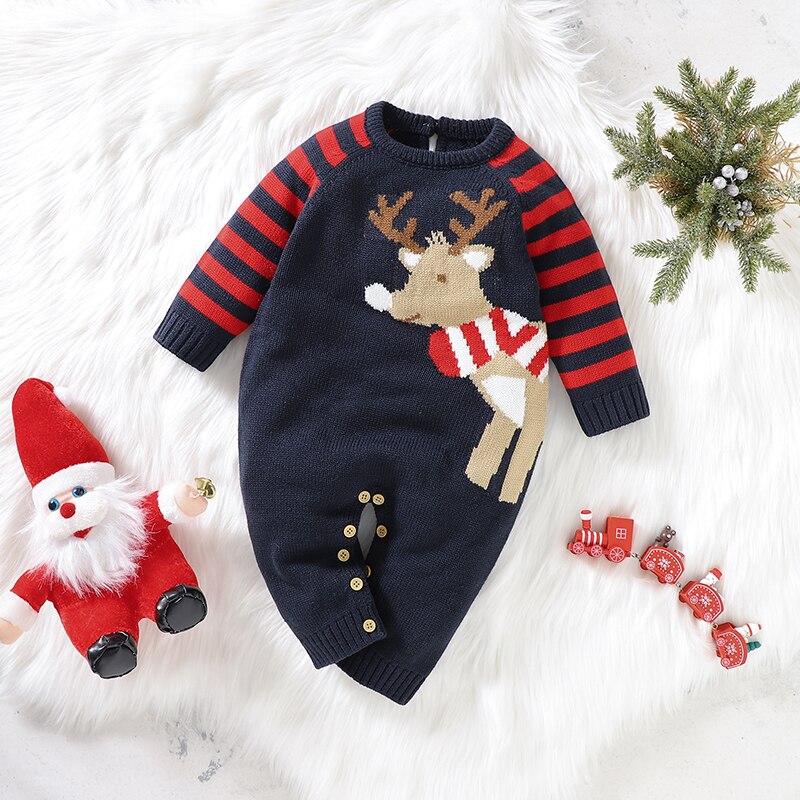 Christmas Baby Romper Knit Newborn Girl Boy Jumpsuit Cute Cartoon Elk Outfit Infant Kid Clothing Long 5 1 - Christmas Onesie Merch