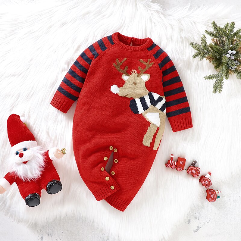 Christmas Baby Romper Knit Newborn Girl Boy Jumpsuit Cute Cartoon Elk Outfit Infant Kid Clothing Long 6 - Christmas Onesie Merch