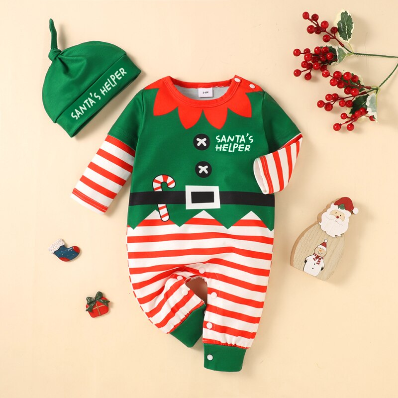 PatPat 2pcs Baby Boy Girl Christmas Green and Red Striped Jumpsuit Elf Outfits Set 1 1 - Christmas Onesie Merch