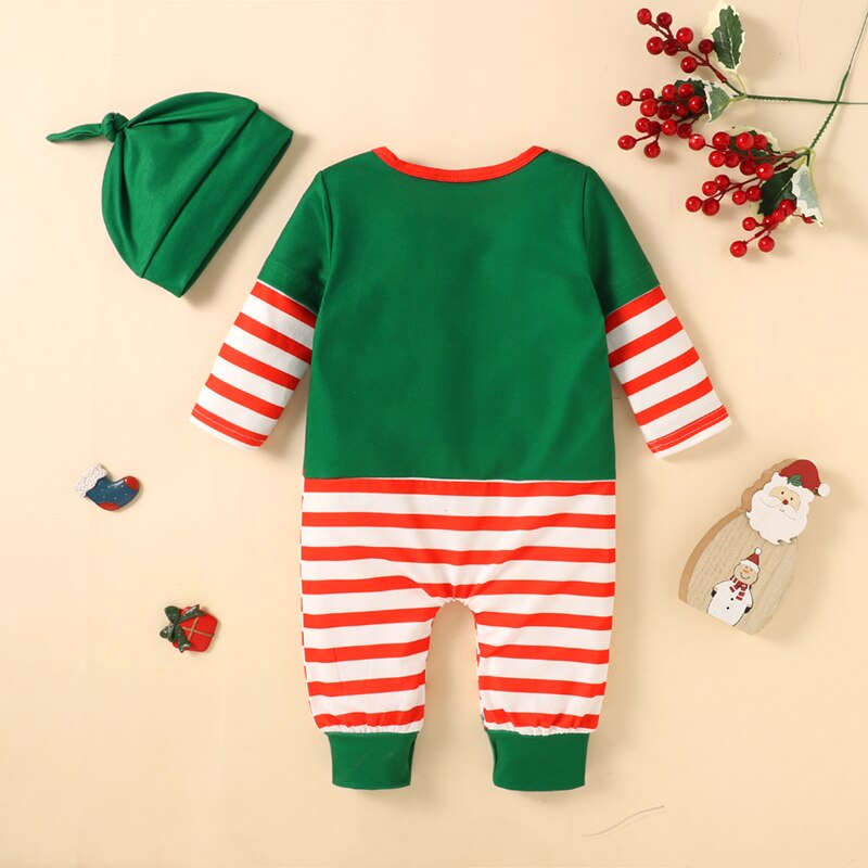PatPat 2pcs Baby Boy Girl Christmas Green and Red Striped Jumpsuit Elf Outfits Set 3 - Christmas Onesie