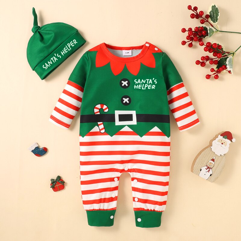 PatPat 2pcs Baby Boy Girl Christmas Green and Red Striped Jumpsuit Elf Outfits Set 5 - Christmas Onesie Merch